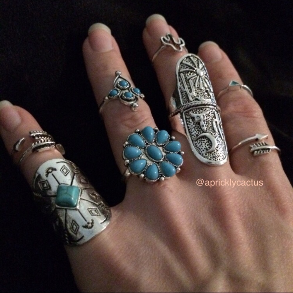🌵Setof9 Boho Cactus Silver Turquoise Midi Rings - Picture 6 of 8